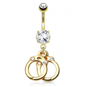 Bauchnabelpiercing goldfarben mit Handschellen und Kristallsteinen