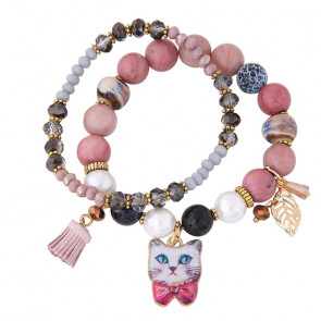 Armband Set "Pearls" mit Katzenanhänger brombeerfarben