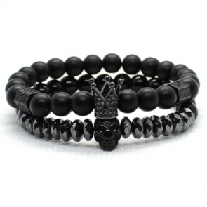 Herrenarmband "Black" zweireihig schwarz mit Totenkopf und Krone-Bild1