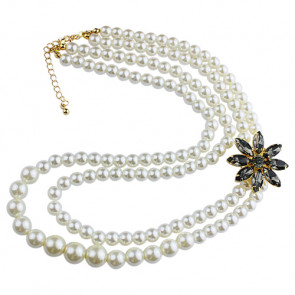 Perlenkette "Black Flower" zweireihig mit schwarzer Brosche-Bild1