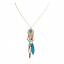 Lange Kette goldfarben mit Feder und Steinen in türkis